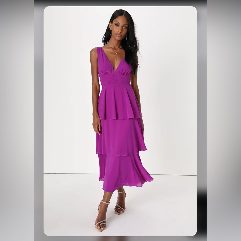 LULUS Celebration Time Purple Sleeveless Tiered Midi Dress
